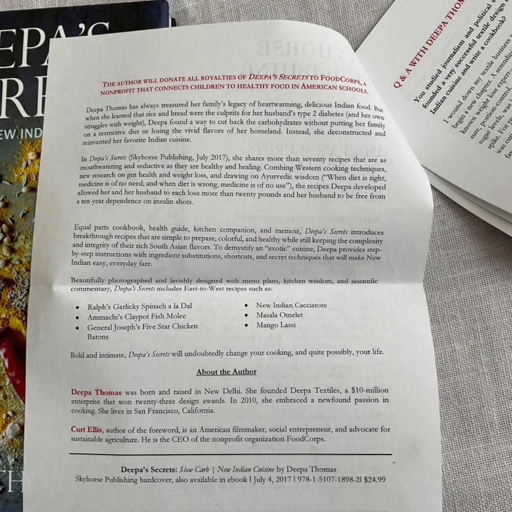 •Deepa’s Secret:Slow Carb New Indian Cuisine Cookbook Hardcover